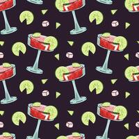 Watermelon Cocktail Seamless Pattern with Lime Slice and Crushed Ice in Flat Design for Summer Graphics Beverage Packaging Backgrounds and Drink Themed Visuals vector