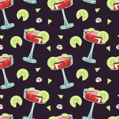 Watermelon Cocktail Seamless Pattern with Lime Slice and Crushed Ice in Flat Design for Summer Graphics Beverage Packaging Backgrounds and Drink Themed Visuals