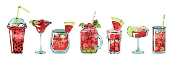 Watermelon Drinks icon Set in Various Glasses with Ice, Mint Leaves Fruit Pieces and Straws on White Background. Flat Design Collection for Summer Graphics Beverage Branding and Food Projects. vector