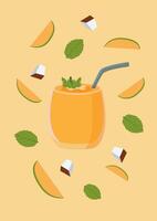 Fruit cocktail smoothies with melon, coconut and mint on the background. Slices and cubes scattered around the glass. In cartoon style on yellow background. Suitable for summer designs. vector