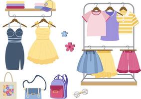 Wardrobe with clothes and accessories. Displayed on hangers and shelves. On a light background. Suitable for fashion and shopping themes. vector