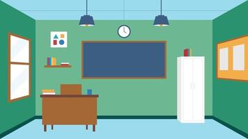 A classroom with a blackboard and a clock on the wall. There is a desk with a chair and a bookcase with books vector