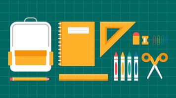 A yellow notebook, ruler, pencil, and scissors are on a green background. The ruler is a standard ruler with a red and white handle vector