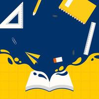 A book is open on a blue background with a ruler, pencils, and a pair of scissors vector