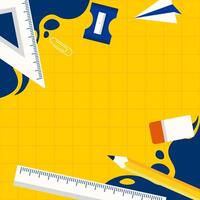 A yellow background with a ruler, pencil, and eraser. The ruler is on the left side of the background, the pencil is on the right side, and the eraser is in the middle vector
