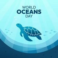 A turtle is swimming in the ocean on World Oceans Day. There are fish in the water vector