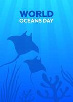 A World Oceans Day featuring two stingrays. The poster is blue and white. The stingrays are shown in the water, with one on the left and the other on the right vector