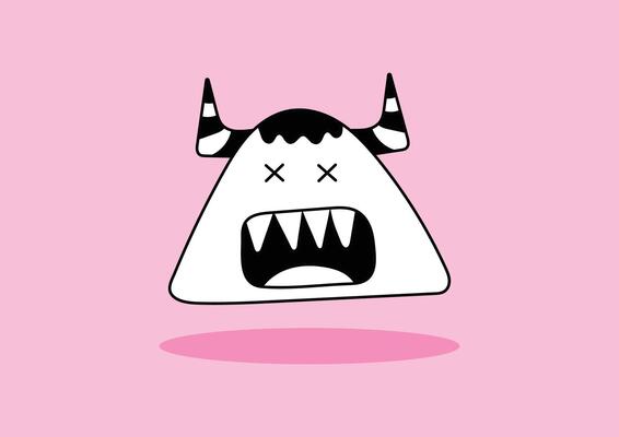 A funny monster with a horn on the head on a pink background. Doodle style.