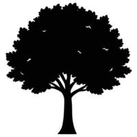 Silhouette of a lush tree with thick foliage and several simple bird motifs vector
