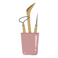 Set of clay modeling tools art. Wooden pottery instruments in a cup. Equipment for sculpture, ceramic. Knife for shaping plasticine, awl, device with metal loop for adding texture. Hobby tools vector