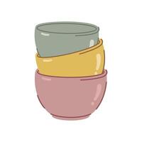 Stack of colorful bowls icon. Glass, ceramic, porcelain dishes are displayed in a row. Deep plates for kitchen, cafe. Hand drawn sketch, flat clipart. Illustration isolated on white. For print vector