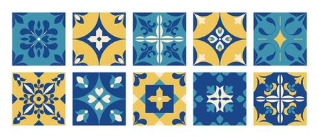 Floral geometric tiles and squares. Azulejo. Abstract mosaic shapes. Mediterranean background and pattern. Floor interior design. . vector
