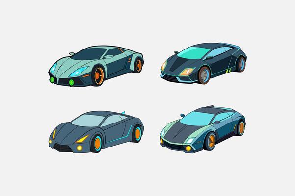 Sleek Cyber Car Set with Glowing Accents on White