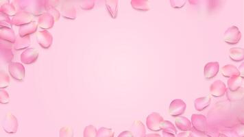 frame with lying rose petals and copy space. Horizontal editable template with place for your text. Floral illustration of realistic sakura petal with shadow for background, wallpaper, banner. vector