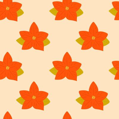 Christmas seamless pattern with simple Poinsettia flower on pastel background. Christmas red flower symbol. For gift wrapping paper, packaging design, textile, surface design etc