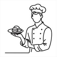 chef holding a plate with bread in line art vector