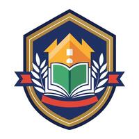 a school logo with a house and an open book vector