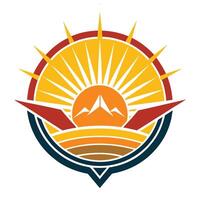 the sun is rising over mountains in this logo vector