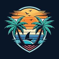 a tropical island with palm trees and a shark vector