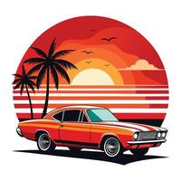 retro car on the beach with palm trees. vector