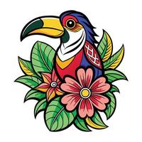 tattoo style illustration of colorful toucan bird with flowers vector