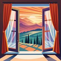 an open window with curtains and a view of mountains vector