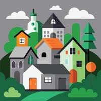 an illustration of a house with trees and a tree vector