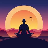 silhouette of man meditating in lotus position with sun in background vector