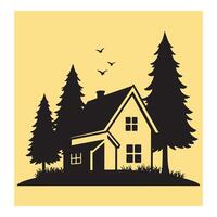 Silhouette illustration of a rustic house with pine trees and flying birds on a golden background vector