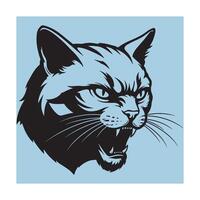 Fierce black cat head in aggressive pose on a light blue background illustration vector