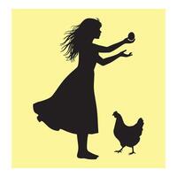Silhouette of a girl with an egg and a chicken on a soft yellow background vector