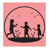 Silhouette of children playing with butterflies in a natural environment on pink background vector
