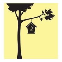 Silhouette of a tree with birdhouse hanging on a branch simple nature illustration vector