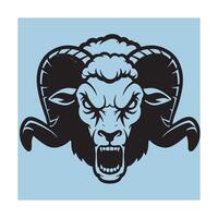 Bold black and blue illustration of a ram head with an aggressive expression vector