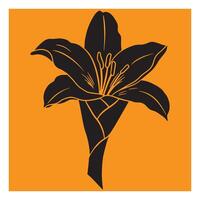 Elegant black lily silhouette isolated on a bright orange square background vector