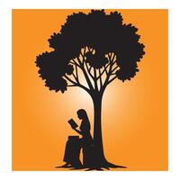 Silhouette of a woman reading a book leaning against a tree in orange background vector