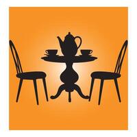 Silhouette illustration of a tea party setting featuring teapot cups table and chairs. vector