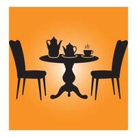 Silhouette of a tea party with teapots cups table and chairs on an orange background vector