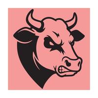 Strong and grumpy cow head illustration on a pink background with angry expression vector