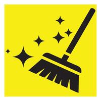 illustration of a black broom sweeping with clean and sparkle icons on yellow background vector