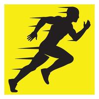 Dynamic silhouette of a runner against a bright yellow background illustrating speed and action vector