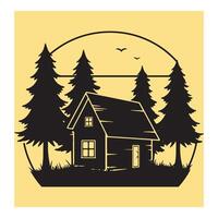 Silhouette illustration of a cabin nestled in a forest with pine trees and birds. vector