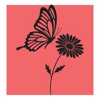 Silhouette butterfly hovering near a daisy flower with coral red background vector