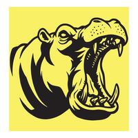 Angry hippo head illustration with open mouth and large tusk on yellow background vector