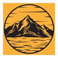 illustration of mountain landscape within a circular frame featuring a sunset effect. vector