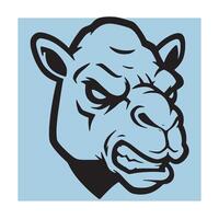 Grumpy camel head illustration in black and white on a light blue square background vector