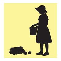 Silhouette of a girl in a sun hat with a basket of eggs on a yellow background vector