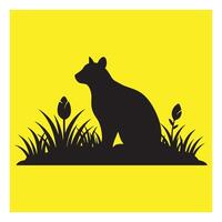 Silhouette of a black cat sitting in the grass with yellow background simple design vector