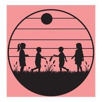 Silhouette illustration of children playing in a field inside a circular frame with sun vector