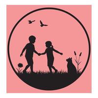 Silhouette illustration of children holding hands with cat and birds in a pink circle vector